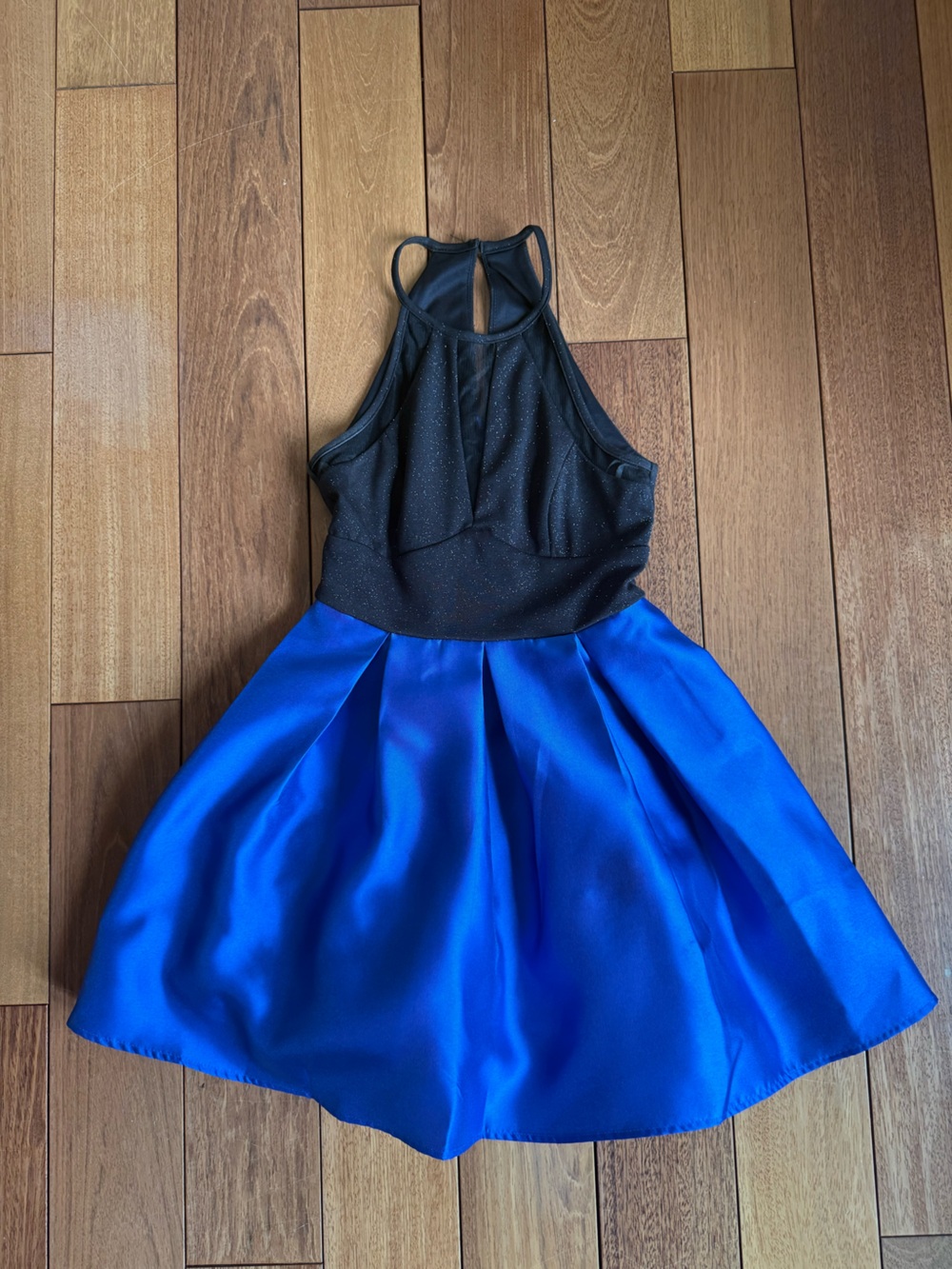 Teeze Me Black Glitter Halter with Blue Satin Skirt